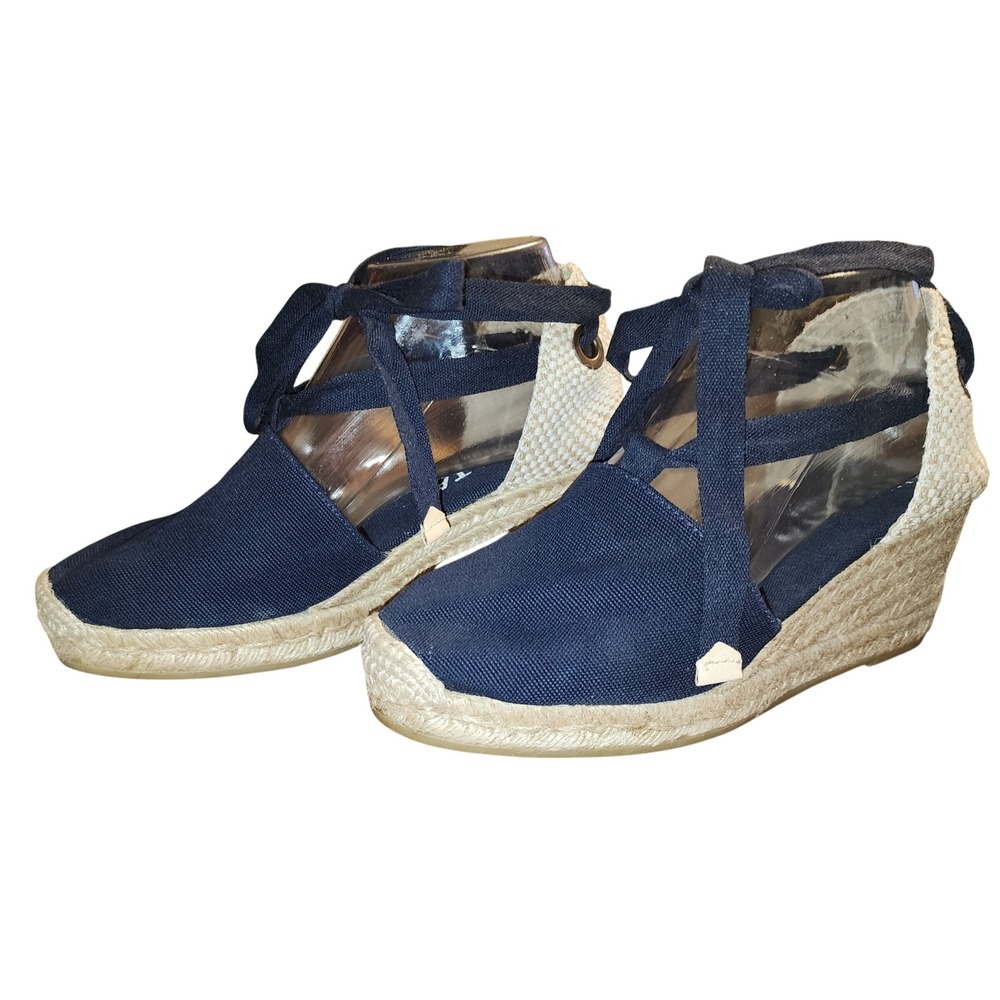 Viscata Barcelona Navy Blue Canvas Lace Up Espadrille Wedge Shoes Spain Size 38